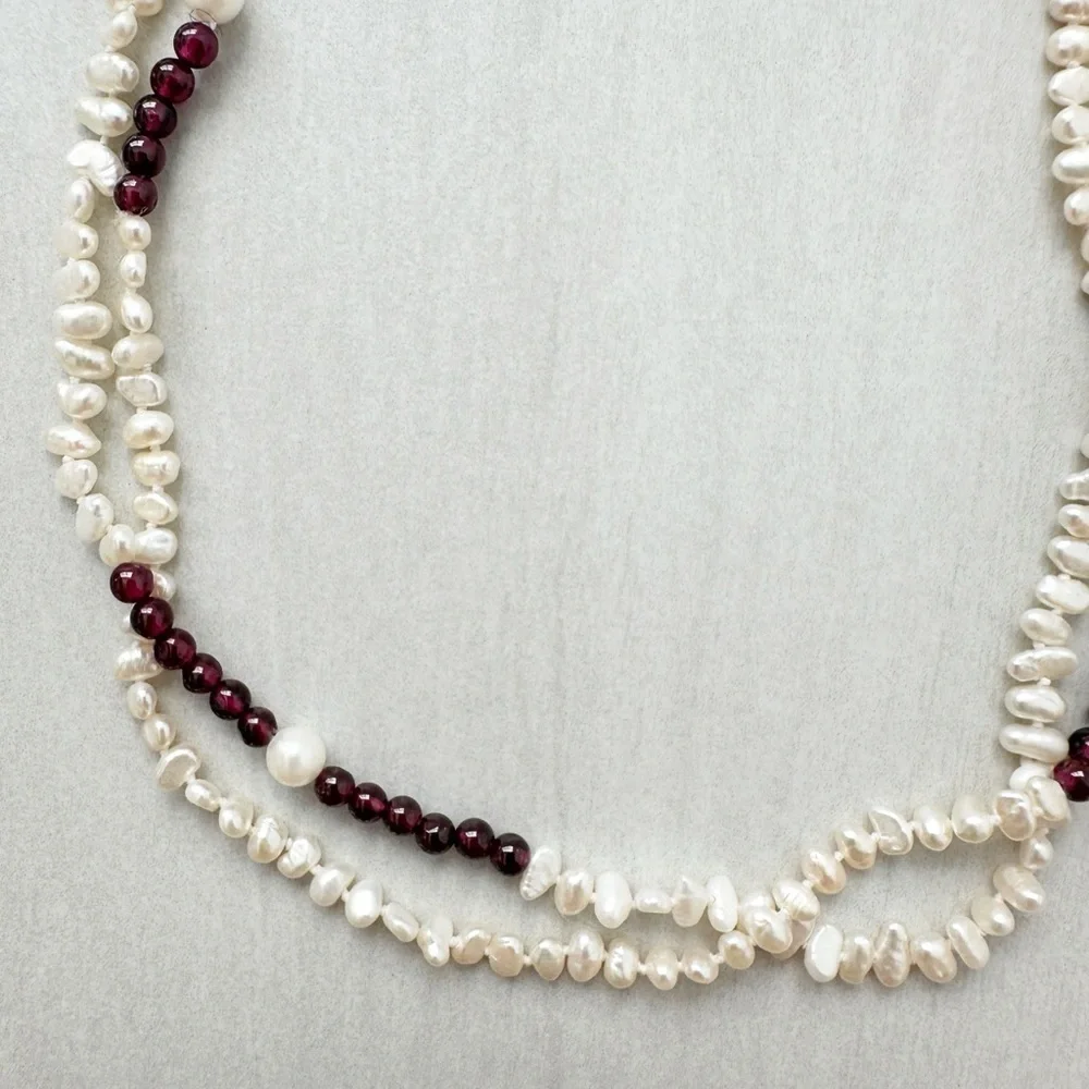Genuine Pearls & Garnet Necklace White Red 64